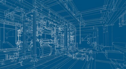 Industrial Facility Blueprint Design - Detailed blueprint of a complex industrial facility, showcasing intricate machinery and infrastructure