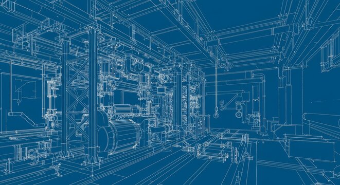 Industrial Facility Blueprint Design - Detailed blueprint of a complex industrial facility, showcasing intricate machinery and infrastructure
