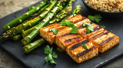 Grilled tofu cubes with roasted asparagus served on dark slate plate accompanied by a bowl of nutritious quinoa creating a healthy meal presentation