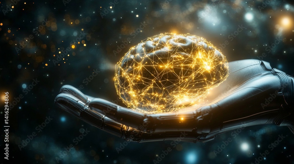 Poster cybernetic hand holding glowing brain: ai neural network and futuristic technology with gold and sil