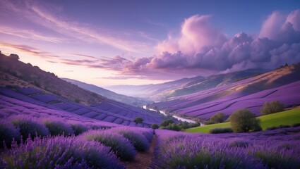 Obraz premium Lavender Field Landscape at Sunset with a Scenic Valley View