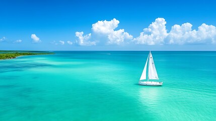 Obraz premium Serene Sailboat Voyage: Turquoise Waters and Azure Skies