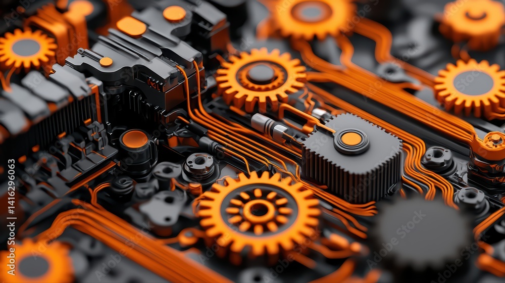 Poster close-up view of abstract technology with orange gears and circuitry