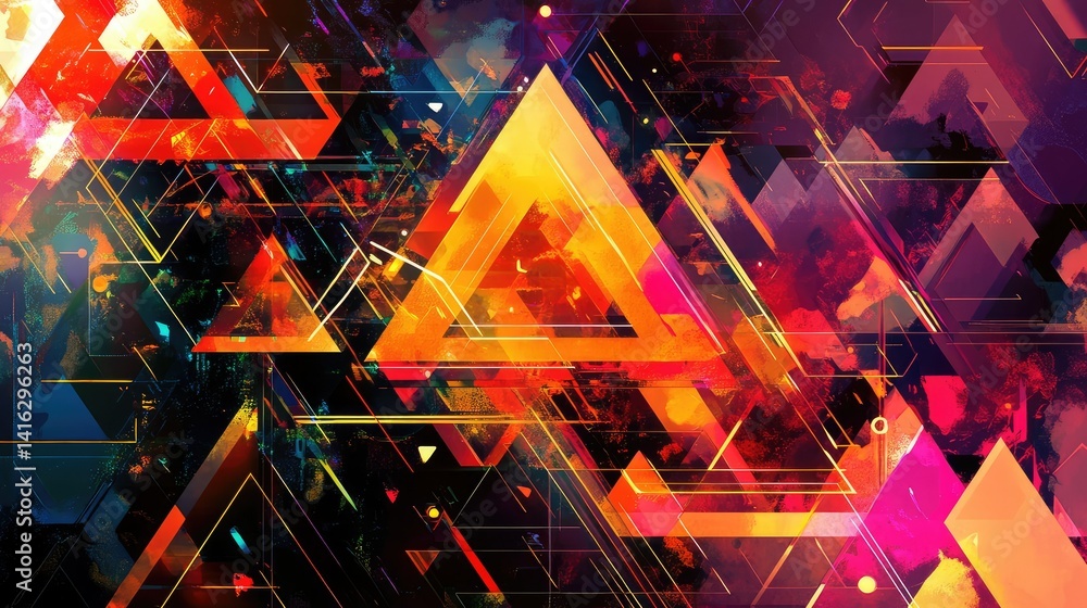 Poster vibrant abstract background of colorful geometric patterns featuring triangles, lines, and bold hues