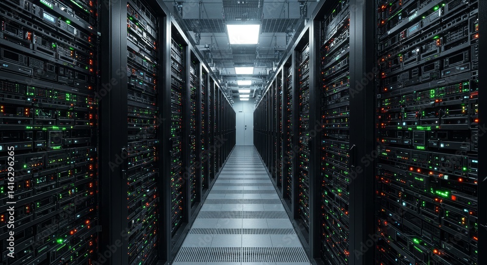 Poster modern data center server room corridor - rows of powerful servers in a modern data center, showcasi