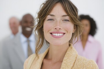 Professional smiling woman in group setting business environment team spirit