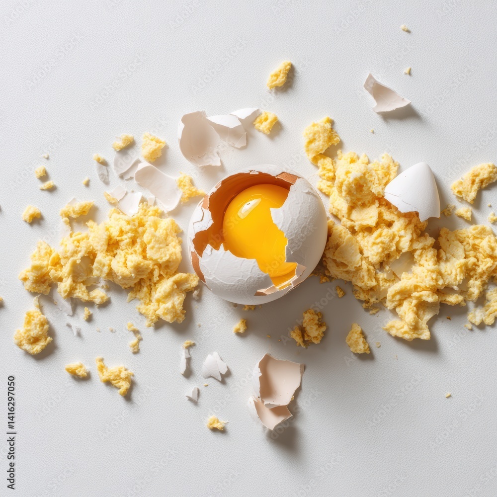 Aufkleber cracked open egg shell with yolk on light surface broken egg pieces scattered artistic food styling