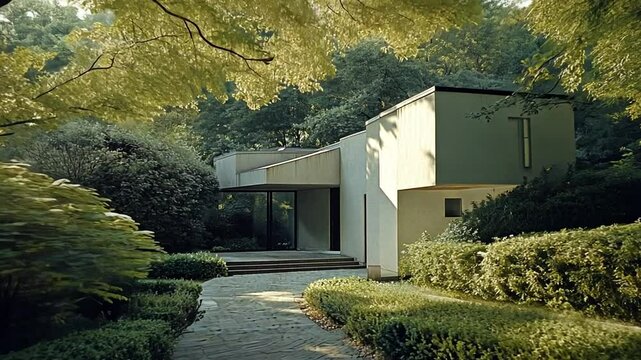 Modern house nestled in lush garden, sunlit pathway, trees overhead