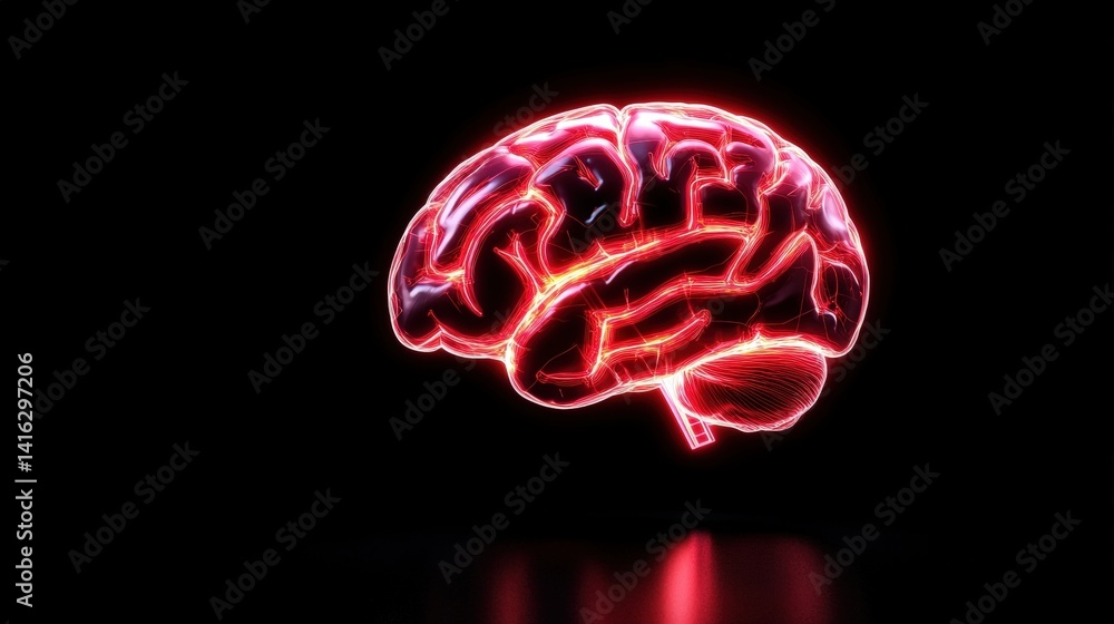 Aufkleber glowing red human brain rendered in digital format against dark background with subtle reflection cr