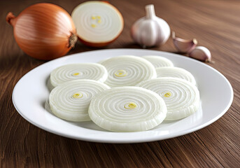 Freshly sliced onions arranged on a white plate, surrounded by whole onions and garlic on a wooden table