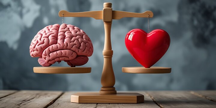 Symbolic illustration of mind versus heart on justice scale, highlighting the contrast of rational thought and feelings, ideal for mental health or life choice themes


