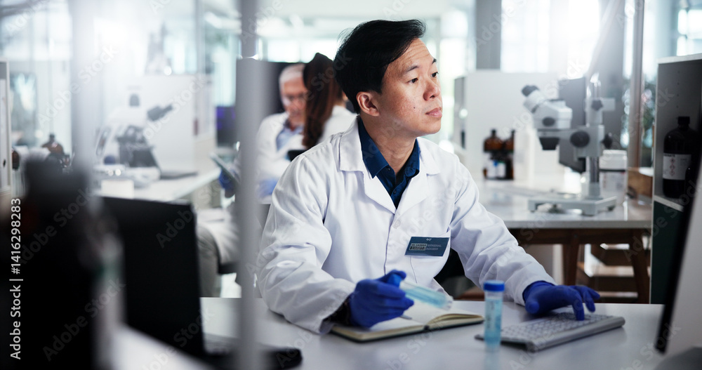 Poster man, scientist or vial with computer for experiment, medical research or test results at laboratory.