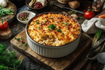 Cheesy pasta bake, ready to serve
