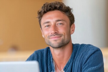 Positive business portrait of smiling man in modern office environment
