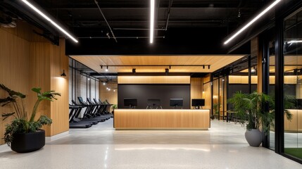 Light-filled contemporary gym featuring blonde wood accent walls, industrial-style black metal ceiling beams, premium fitness equipment in matte black finish, full wall mirrors with subtle LED