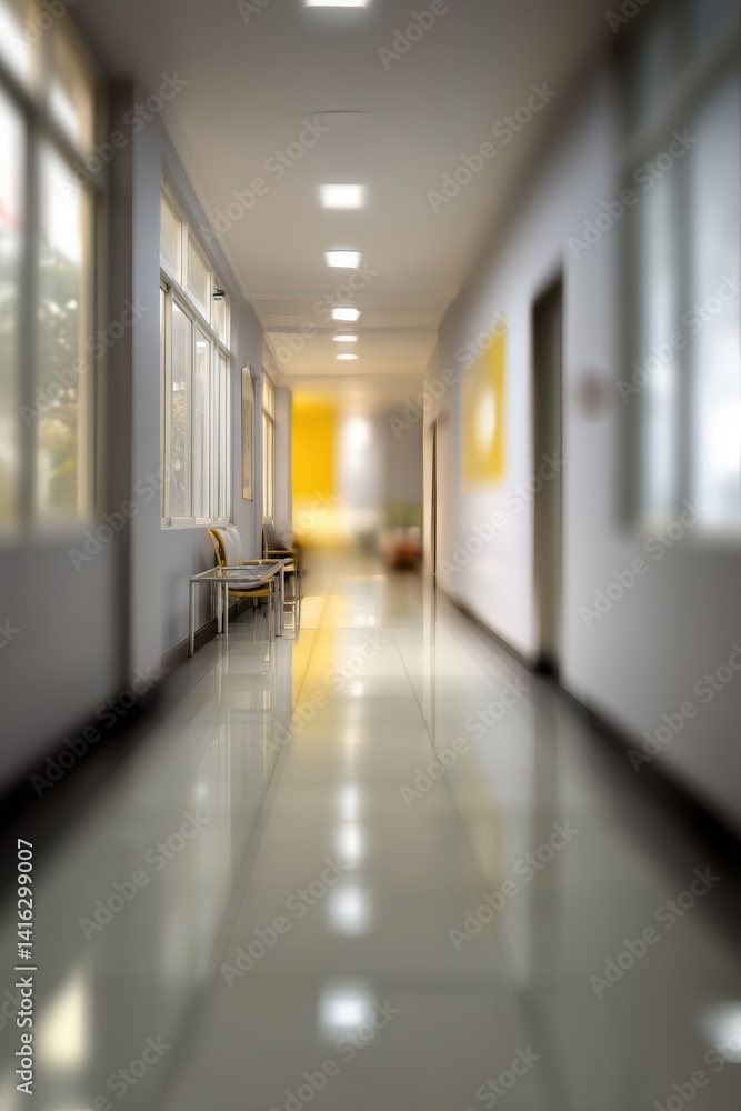 Poster perspective view of an illuminated hallway with shiny floor chairs and windows in modern building br