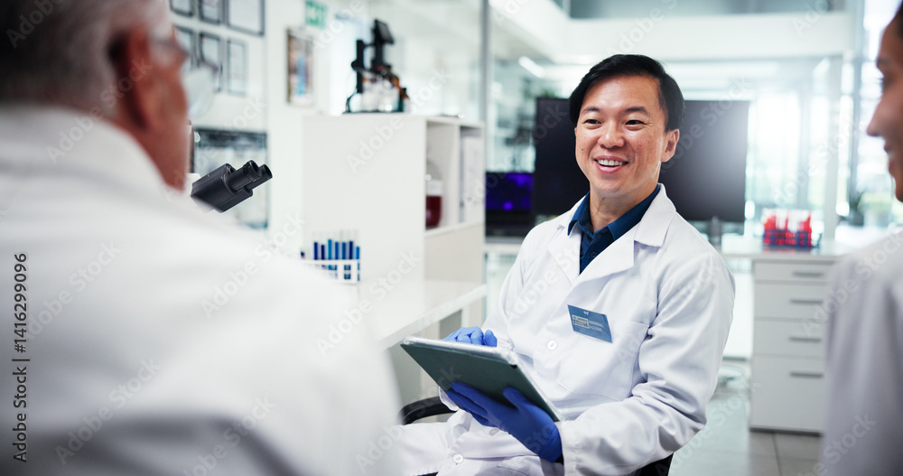 Poster Research, people and man with tablet, science and meeting for experiment results. Group, employees and scientists in laboratory, tech and app for vaccine development, testing and feedback for project