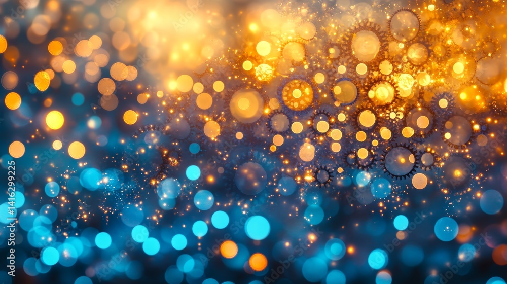 Poster interconnected gears with shimmering bokeh background showcasing teamwork innovation and technology 