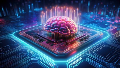 A 3D rendering of a human brain on a microchip, surrounded by glowing circuitry and data streams. The brain is pink and detailed, the chip is dark with neon blue and purple accents, suggesting