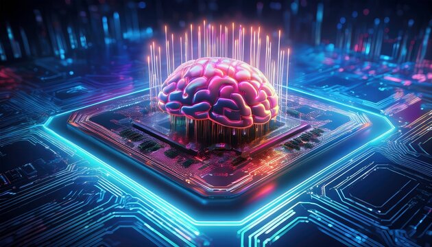 A 3D rendering of a human brain on a microchip, surrounded by glowing circuitry and data streams. The brain is pink and detailed, the chip is dark with neon blue and purple accents, suggesting