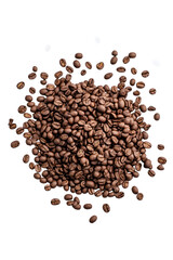 Obraz premium Pile of roasted coffee beans scattered unevenly on a clean white background.