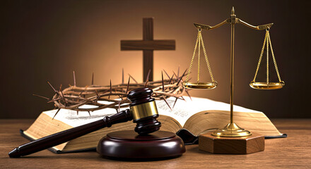 Symbolic representation of justice and faith with a gavel, scales, Bible, and crown of thorns