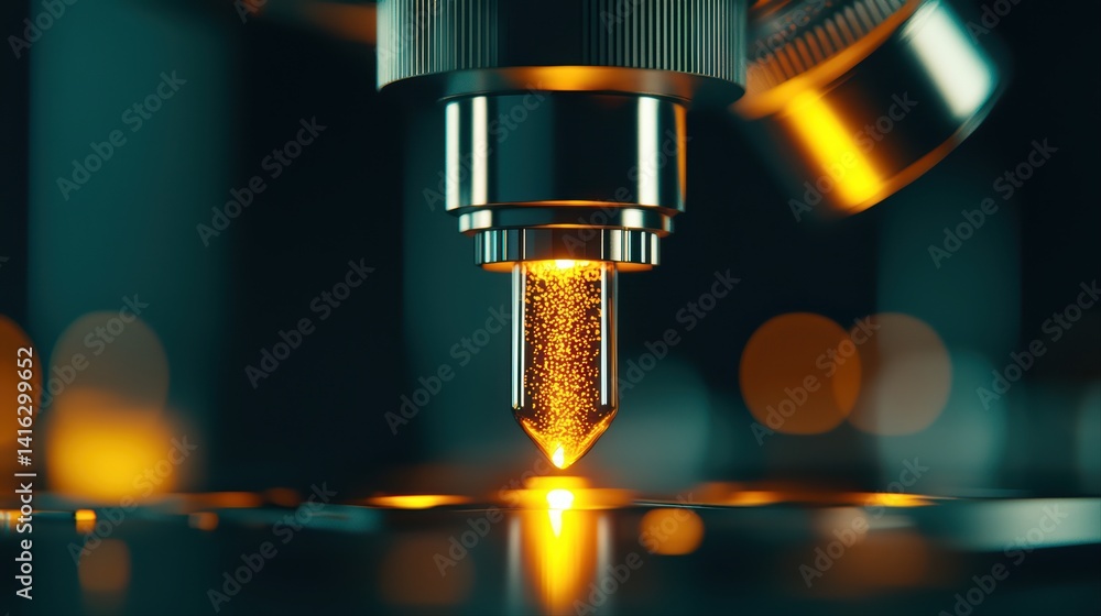 Poster close-up view of a microscope illuminating a tiny sample drop