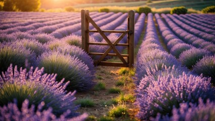 Obraz premium Walking Through a Lavender Field During Golden Hour with Wooden Gate