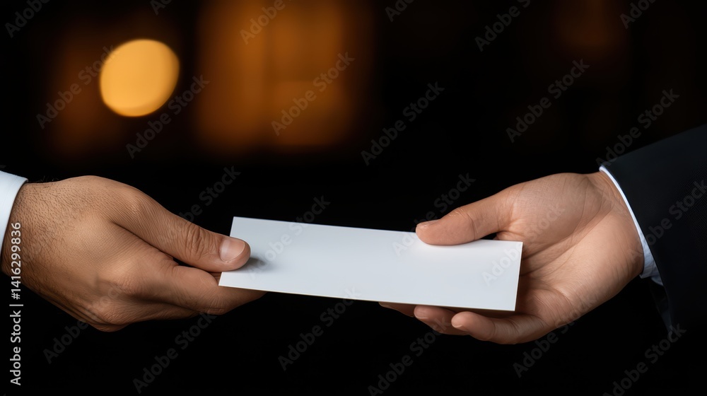 Poster hands exchanging blank card in dim lighted background