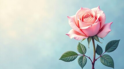 Obraz premium A Delicate Pink Rose Blooming Gracefully Against a Soft Blue Background, Representing Purity, Elegance, and Natural Beauty