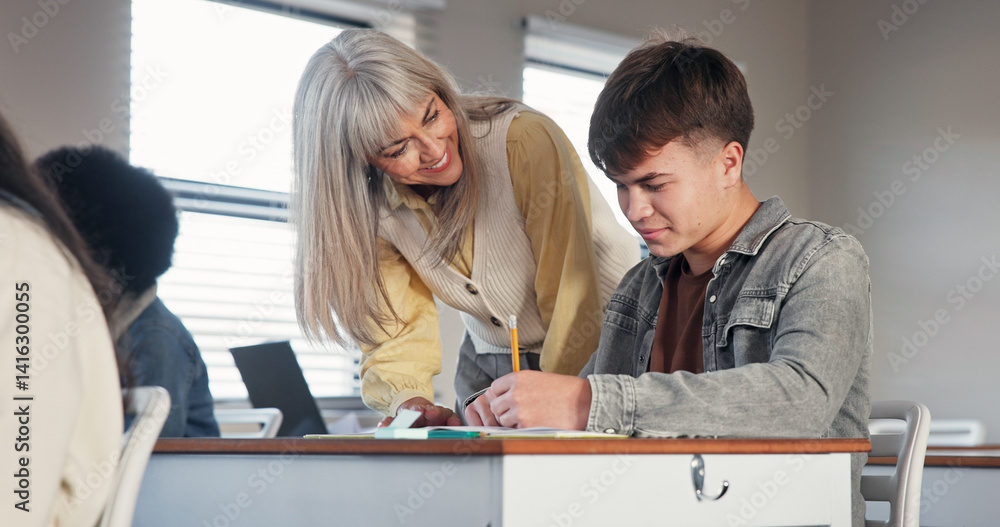 Aufkleber Classroom, learning and teacher with boy help for assessment, assignment and explain test question. High school, academy and educator with student for assistance, teaching and education in lesson