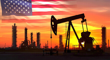 Oil pumpjack silhouetted against a sunset backdrop with an American flag and industrial landscape