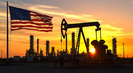Silhouette of Oil Pump Jack Against Sunset with American Flag and Industrial Background