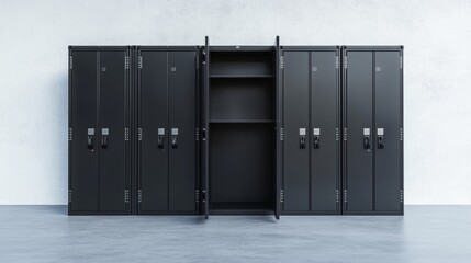 Row of charcoal black metal school lockers against light gray concrete floor, single open locker revealing empty interior with metal hooks and shelf, fluorescent lighting casting soft shadows, hyper