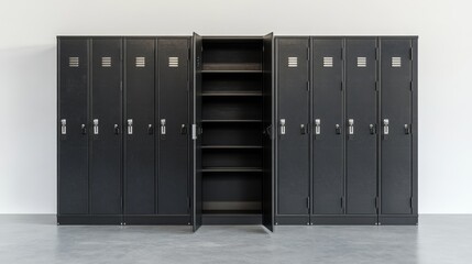 Row of charcoal black metal school lockers against light gray concrete floor, single open locker revealing empty interior with metal hooks and shelf, fluorescent lighting casting soft shadows, hyper