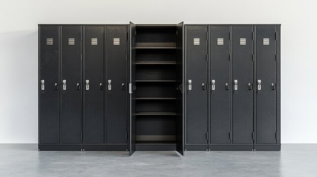 Row of charcoal black metal school lockers against light gray concrete floor, single open locker revealing empty interior with metal hooks and shelf, fluorescent lighting casting soft shadows, hyper