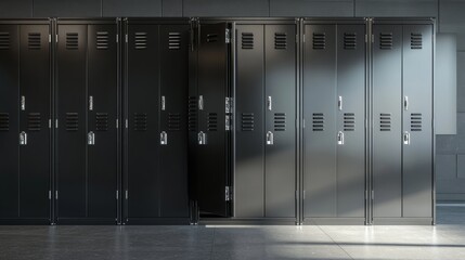 Bank of tall metal student lockers in deep matte black finish, one locker door open at 90 degrees showing vacant storage space, brushed steel handles and combination locks, industrial gray flooring