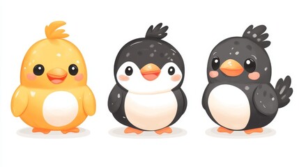 Naklejka premium Adorable Pixelated Bird Trio Featuring a Yellow Chick and Two Penguins Presenting a Charming and Playful Image for Childrens Illustrations and Design