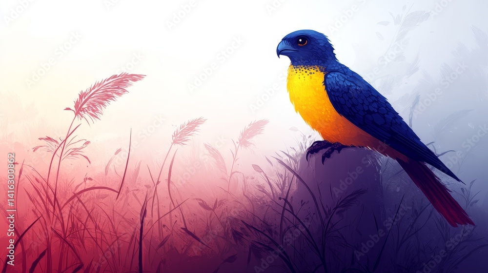 Poster artistic pixelated bird resting on a branch with vibrant colors and a soft, hazy background for a un