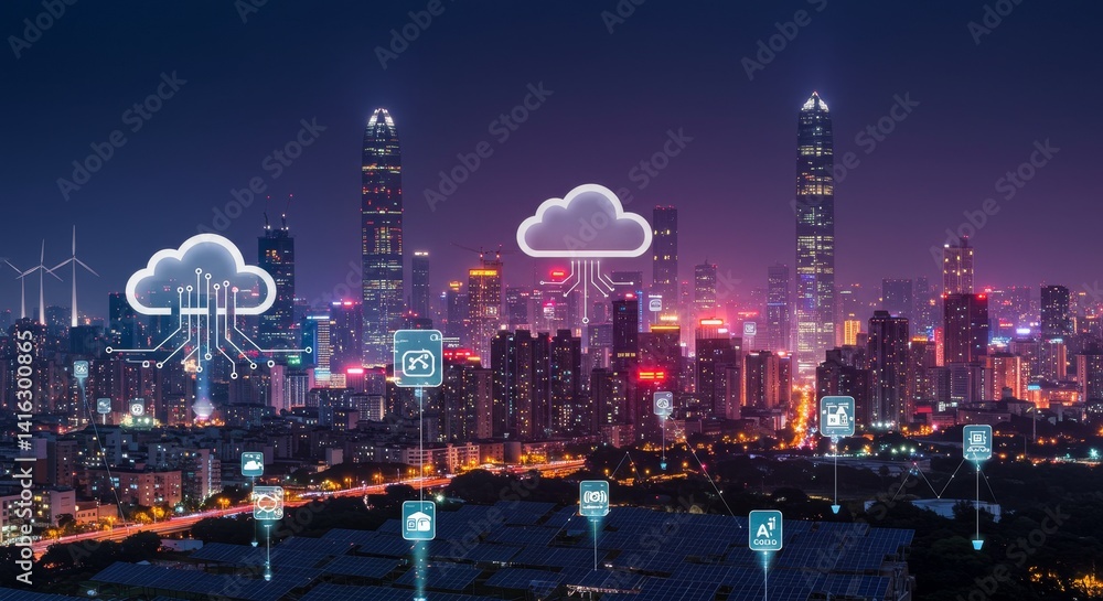 Aufkleber smart city technology and cloud computing - night cityscape illuminated, showcasing cloud computing 