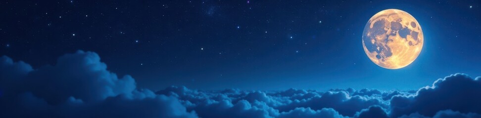 Dark blue celestial background with twinkling stars and a glowing moon , night, dark