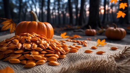 Pumpkin and Seed Harvest Still Life on Burlap with Autumnal Leaves