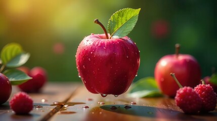 A vibrant red apple, glistening with dew drops, hovers magically above a wooden surface, surrounded by assorted red berries in a sunlit garden setting.