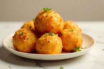 Golden-brown cheese balls, a delightful appetizer, served on a pristine white plate, garnished with fresh herbs