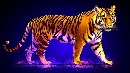 Obraz premium Pixelated tiger striding confidently through neon terrain a vibrant digital artwork fusing wildlife imagery with retro gaming aesthetics and modern visual appeal