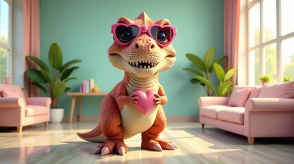 Adorable Dinosaur in Stylish Sunglasses Holding a Heart in a Cozy Living Room