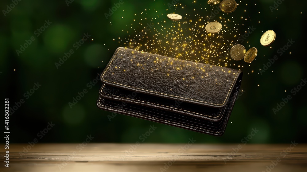 Poster floating wallet with coins and sparkles on a wooden table background