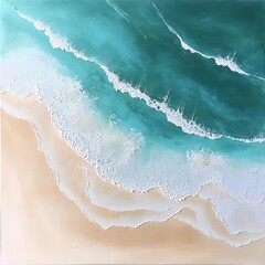 Serene Coastal Scene Overhead View of Teal Ocean Waves on Sandy Beach