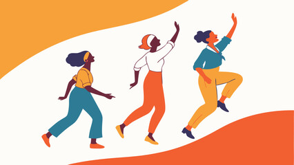 Flat design vector-style image of dancing colorful women abstract on dark orange-white background  vector, illustration.
