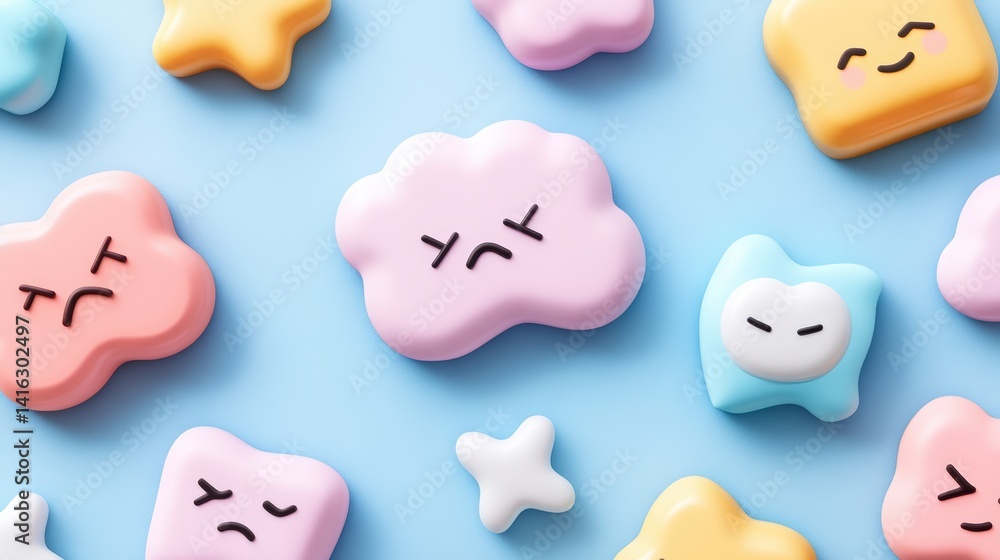 Poster a colorful and playful flat lay of cartoonish pastel clouds and shapes displaying various angry and 